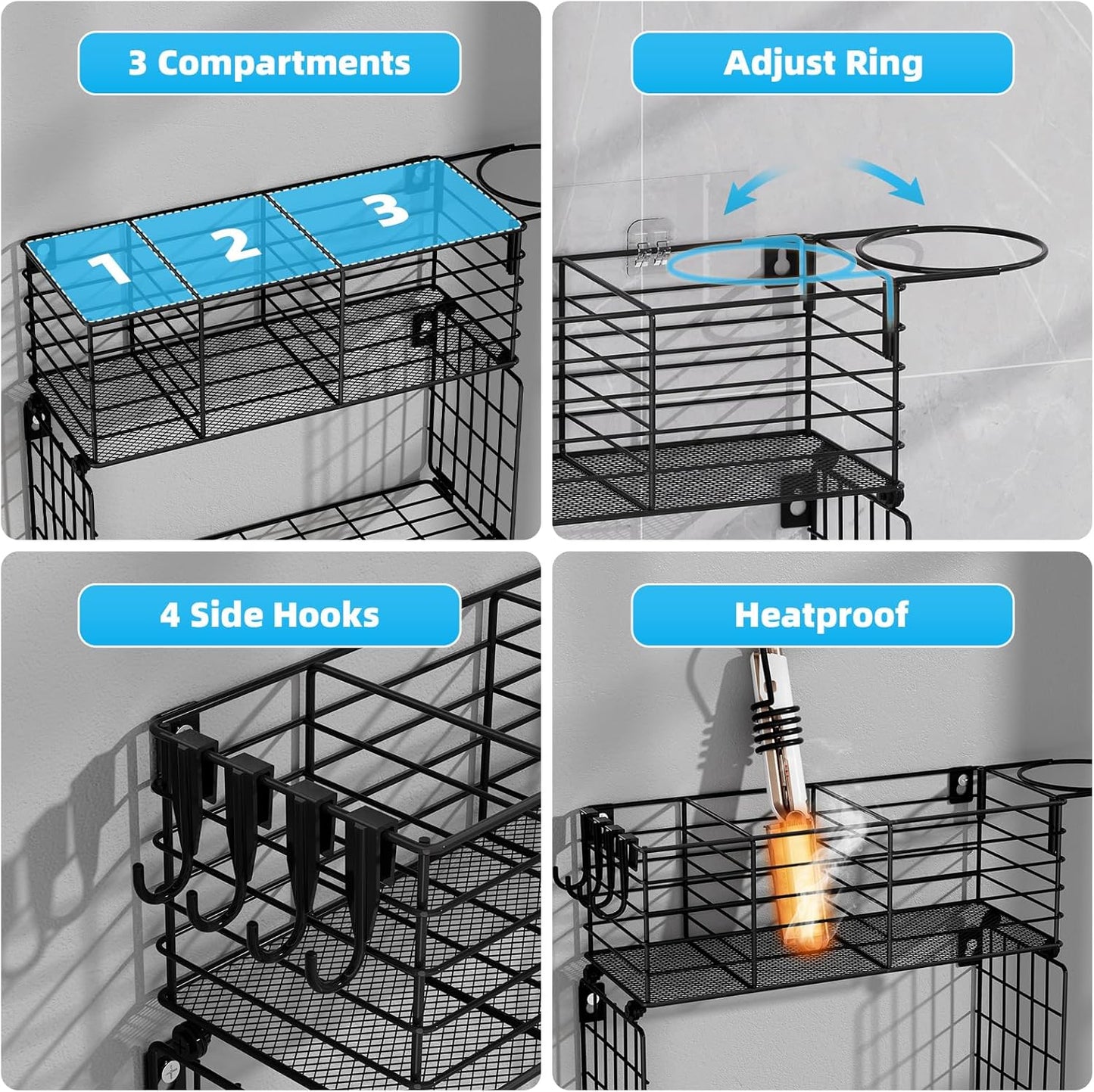 VITVITI Metal Hair Tool Organizer with Toilet Paper Basket, Bathroom Blow Dryer Curling Iron Holder Wall Mount, 2 Tiers Styling Tools Organizer for Straightener with Hooks, Black