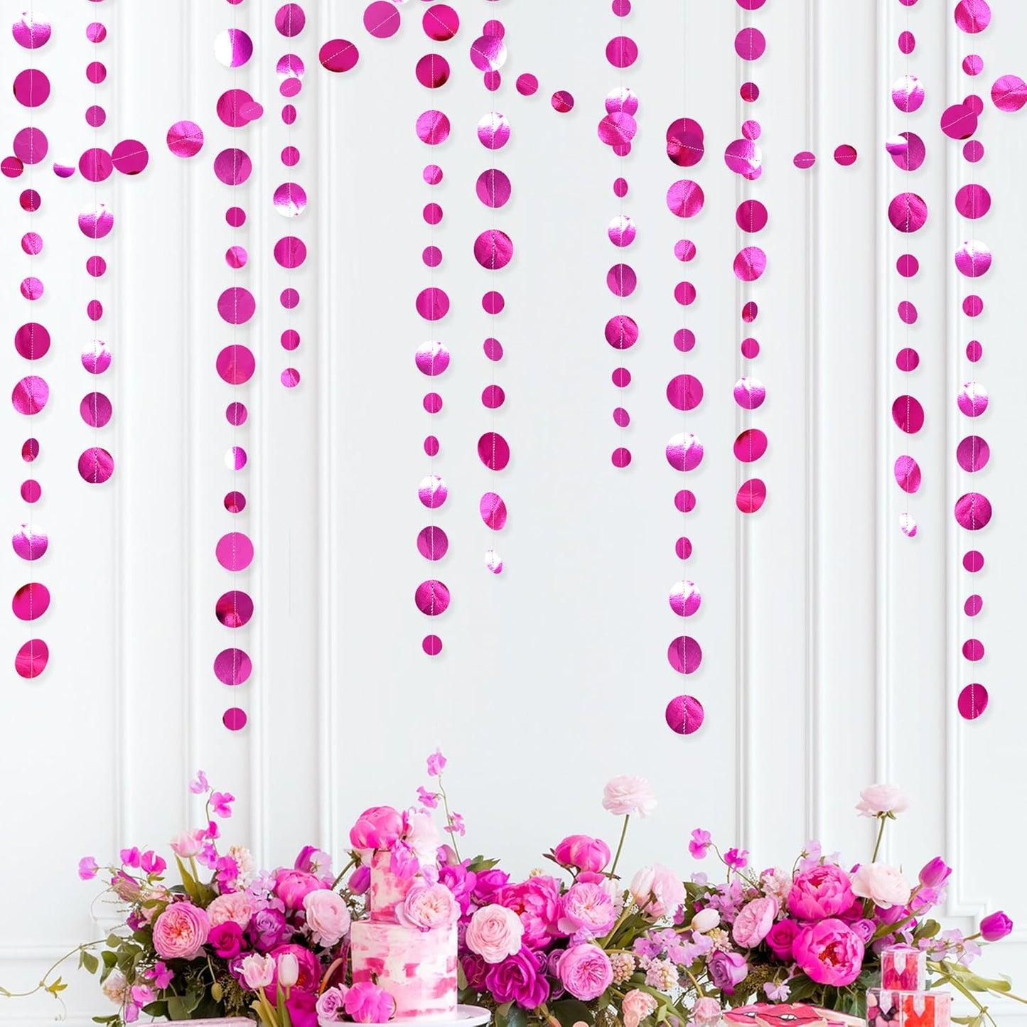Hot Pink Party Decorations Circle Dots Garland Metallic Rose Pink Hanging Paper Polka Dots Streamer for Bachelorette Birthday Engagement Wedding Bridal Shower Anniversary Baby Shower Party Supplies