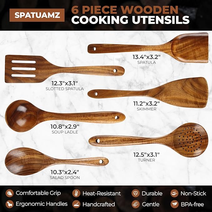 SPATUAMZ Wooden Cooking Spoons, Ladle and Spatula, Fine Polished Teak Wood Cooking Utensils Set of 6, Nonstick Wooden Kitchen Spoon & Spatula Set