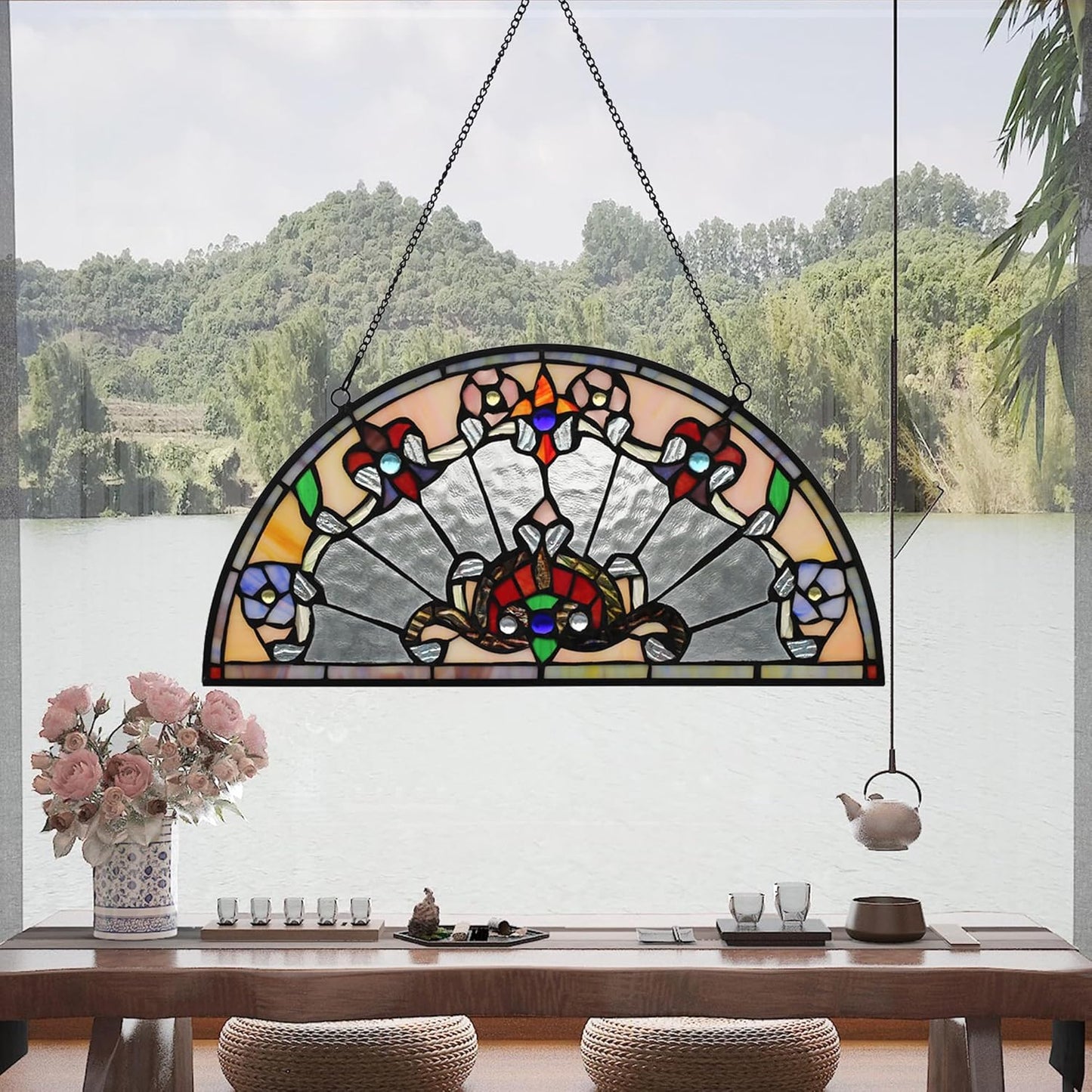 YOURANJU Half Moon Stained Glass Window Hanging Tiffany Style 16" x 8" Half-Round Window Panel Housewarming Gift Living Room Bedroom Kitchen Window Decorative Hangings with Chain (Baroque)