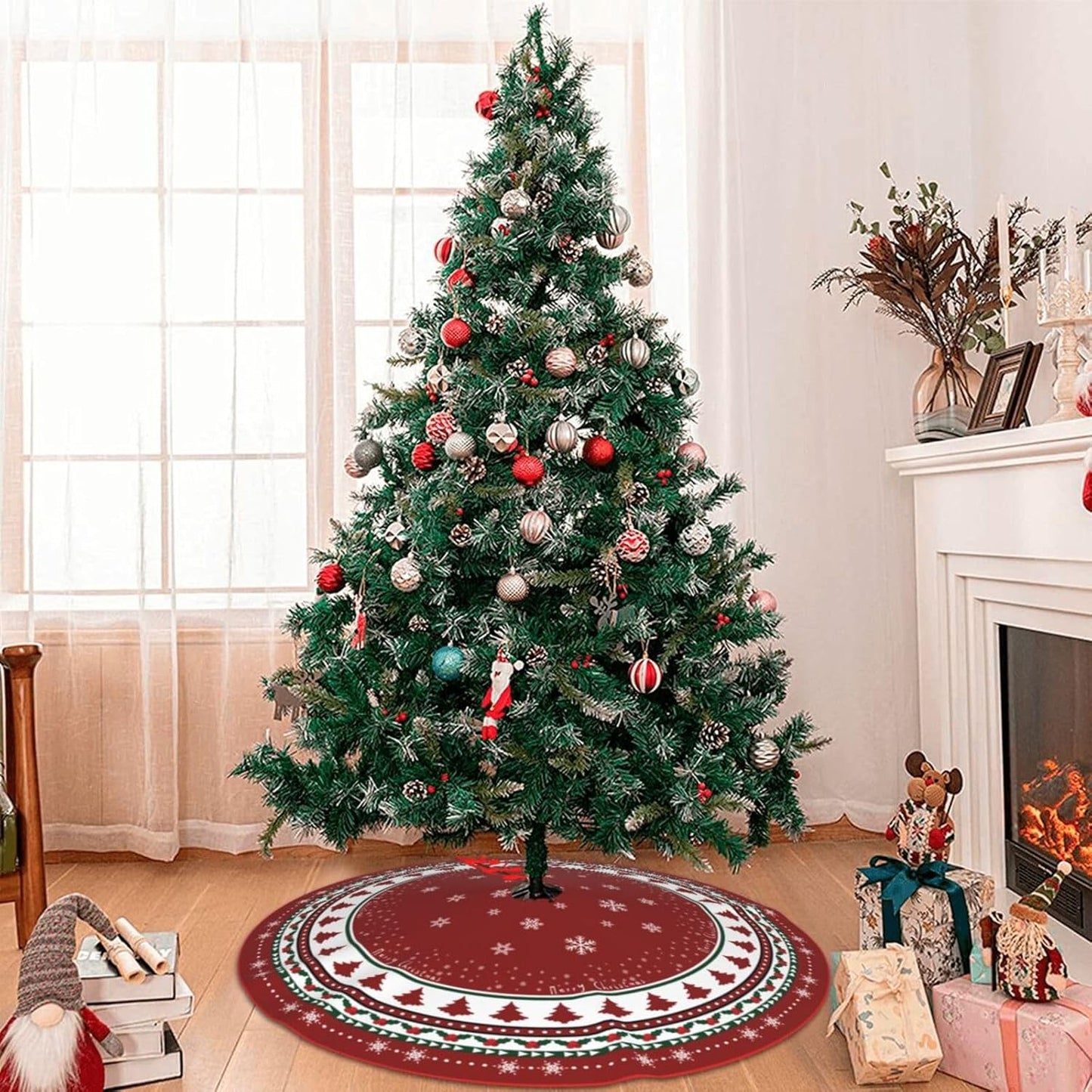 Christmas Tree Skirt 48 Inches, Red and Green Xmas Tree Mat with Winter Snowflake for Christmas Decorations Holiday Party Indoor Outdoor Home Decor (Red and Green)