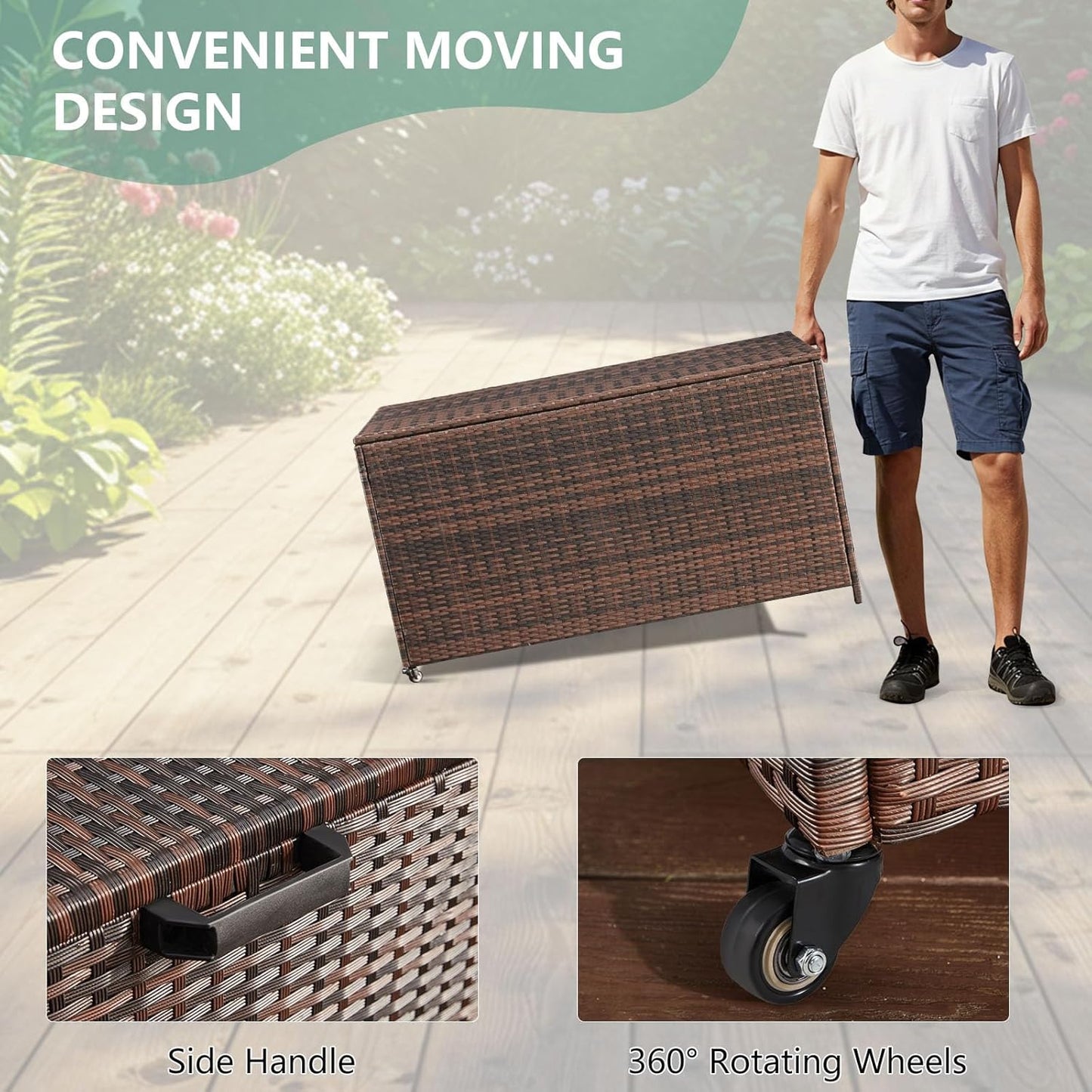 HOMREST Large Deck Box, Outdoor Wicker Storage Container with 70 Gallon, Patio Rattan Furniture for Garden Tools, Pillows, Pool, Brown