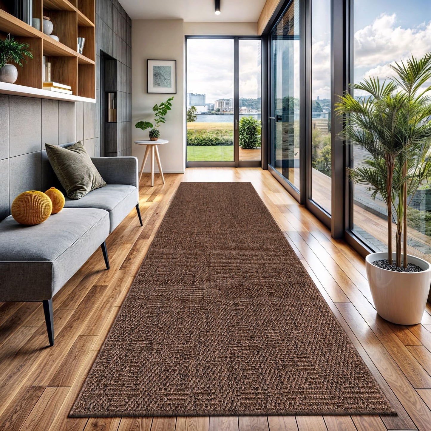 CAMILSON Indoor and Outdoor Runner Rug Brown Solid Boho Woven Design Easy-Cleaning Non Shedding Fiber Living Room Bedroom Garden Patio and Kitchen Washable Outside Carpet Alfombras (2x7)