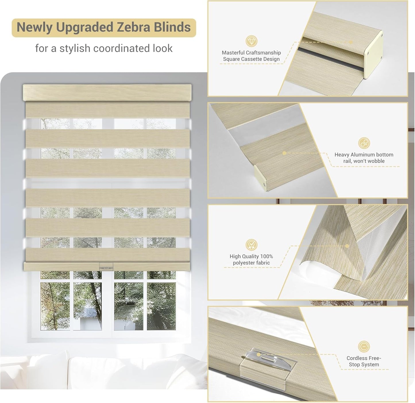 Cordless Zebra Blinds for Windows, Blackout Interior Blinds,Easy to Install,UV Protection,for Offices and Home,Custom Roller Shades, Mousse Beige,82" W x 48" H