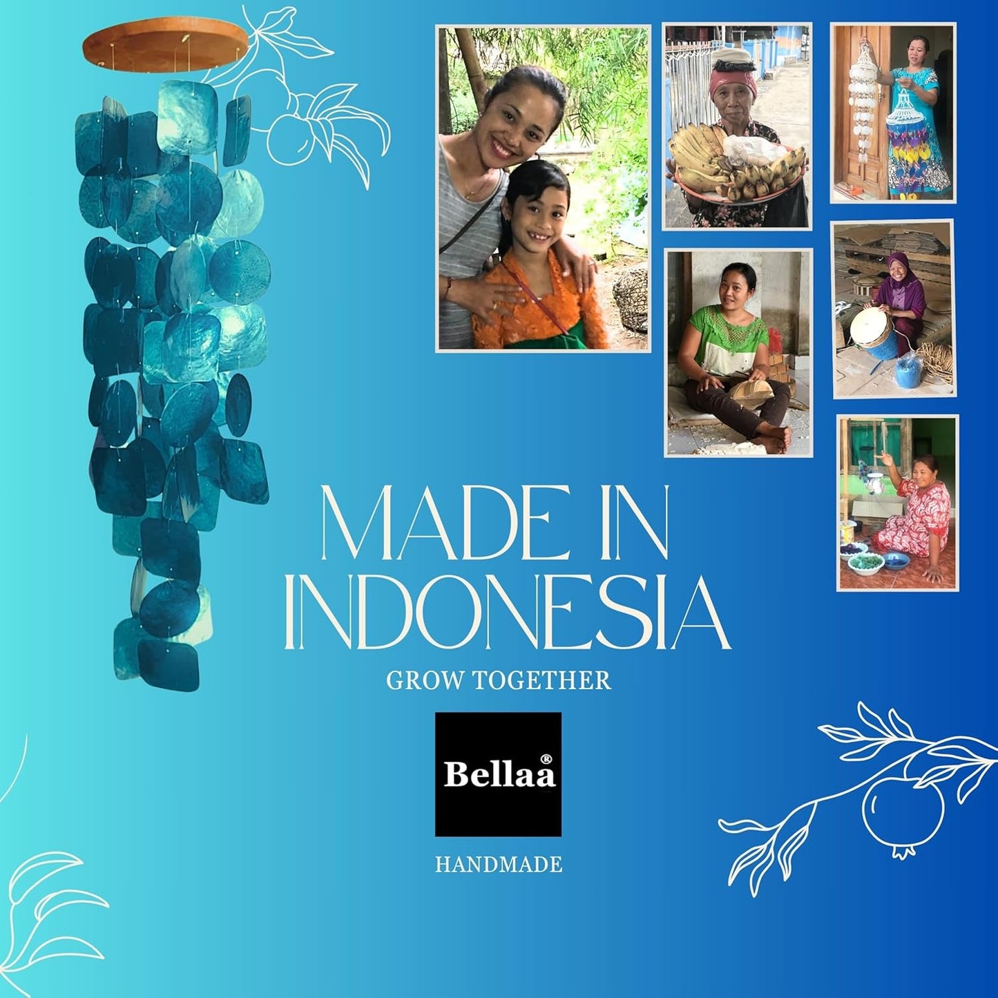 Bellaa 24896 Wind Chimes Outdoor, Garden Decorations, Musical, Indoor/Outside Windchimes, Beach, Ocean Breeze, Gifts for Mom, Gift for All Occasions, Capiz Sea Glass Shells Wood Yellow Green