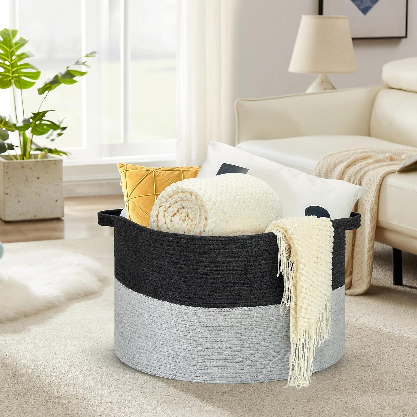 Ravinte Large Storage Basket - 22"x 22"x 14" Blanket Basket for Living Room, Baby Toy Storage Basket, Cotton Rope Basket Woven Laundry Basket (Black-Gray)