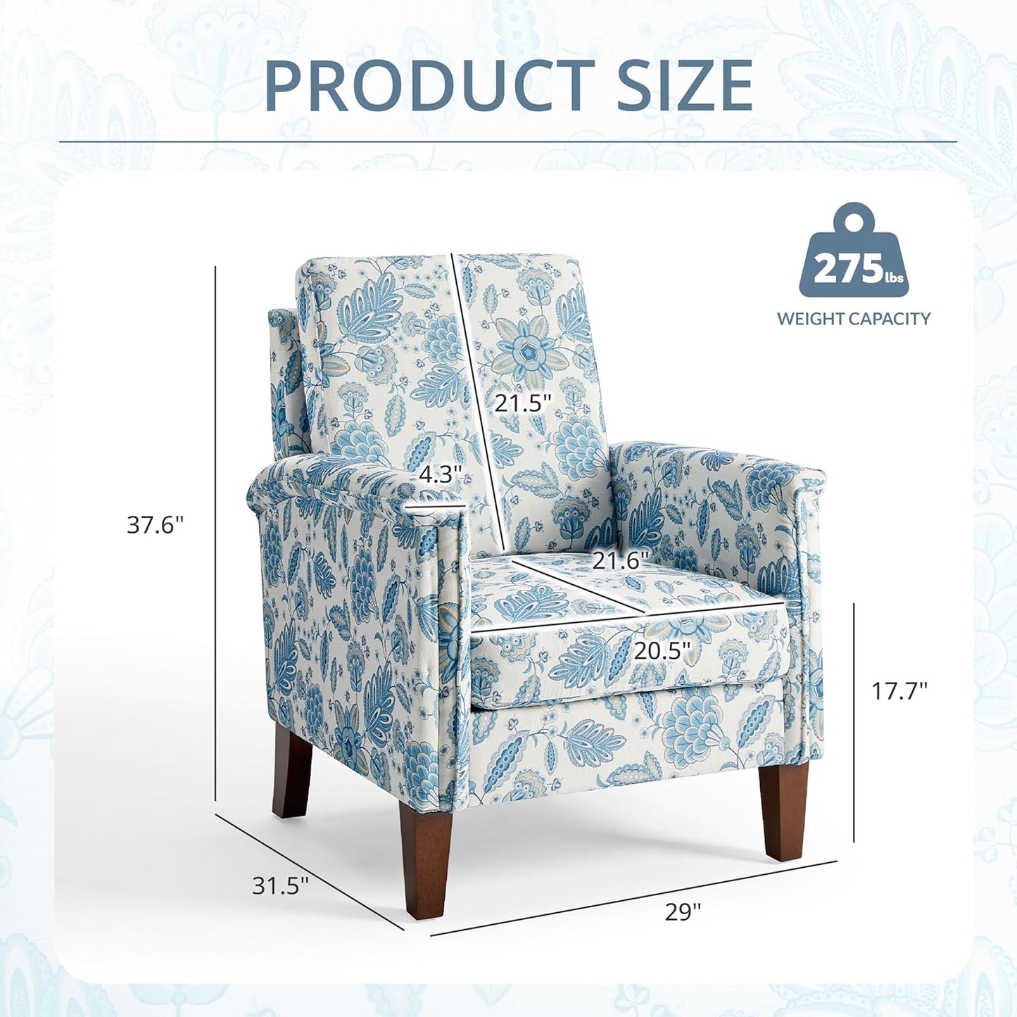Floral Accent Chair, High Back Upholstered Armchair with Solid Wooden Legs, Padded Armrest and Removable Comfortable Cushioned Seat Single Sofa for Living Room, Bedroom, Blue