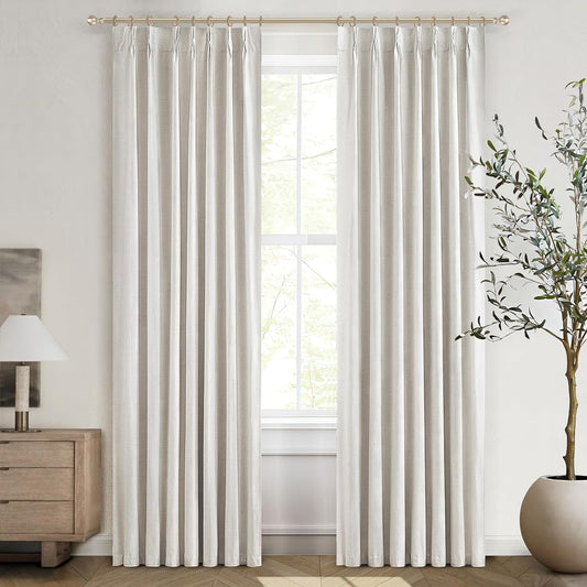 Buttercream Blackout Curtains 90 Inches Long, Thick Linen Patio Drapes for Insulated Sliding Glass Doors Cute Curtains for Nursery Bedroom Aesthetic Pinch Pleated with Hooks 2 Panels