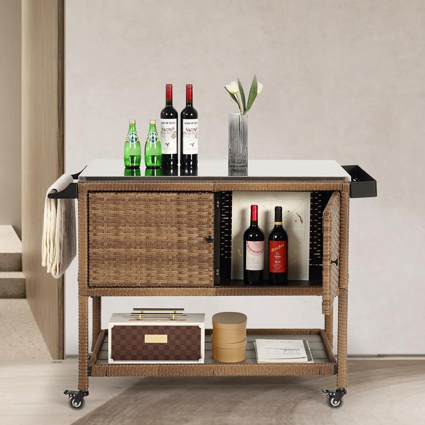 Wicker Outdoor Bar Cart with 4 Lockable Casters, Patio Prep Stainless Table with 2 Ratten Doors Storage Cabinet,Island Cart with WPC Shelf for Grill, Kitchen and Garden, Brown