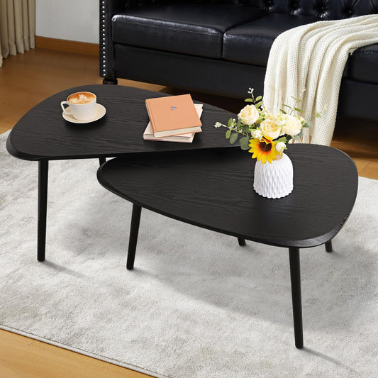 Black Nesting Coffee Tables Set of 2 End Bamboo Table for Living Room Bedroom Apartment Modern Industrial Simple Nightstand 32" D x 20" W x 18.5" H