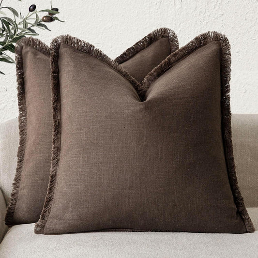 Foindtower Set of 2 Decorative Linen Fringe Throw Pillow Covers Boho Farmhouse Cushion Cover with Tassels Soft Accent Pillowcase for Couch Sofa Bed Living Room Home Decor,18×18 Inch,Reddish Brown