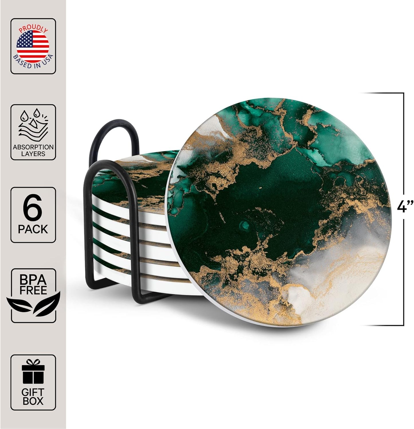 Emerson Coasters for Drinks Absorbent – Natural Stone Drink Coasters Set with Holder, Coasters for Coffee Table, Wooden Tabletop Protection Marble Style – 100% Heavy Duty Set of 6 (Green Forest)
