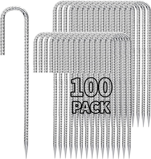 12 inch Stakes Heavy Duty 100-Pack J Hook Metal Fence Stake for Dogs Digging Tent and Outdoor Decorations Inflatables Rebar Metal Spikes for Ground