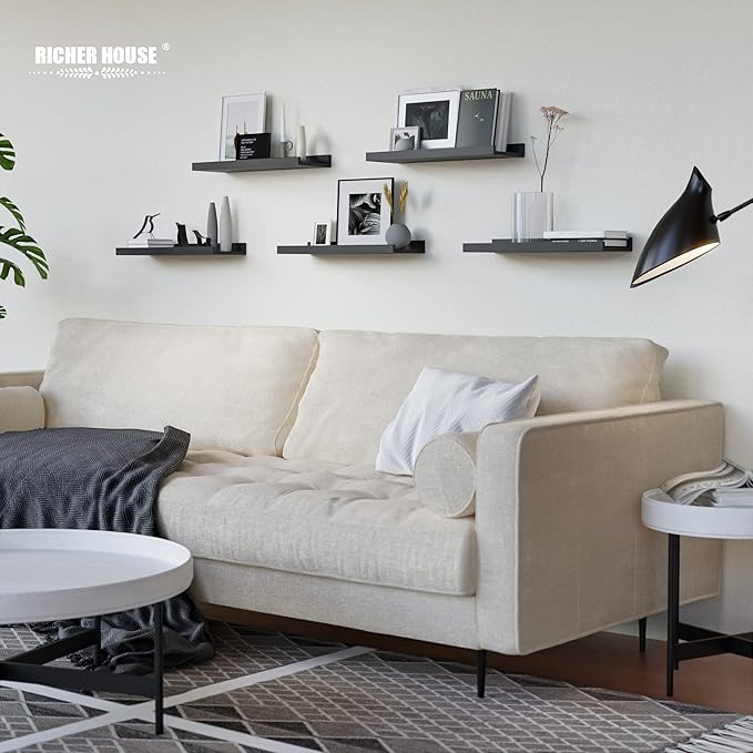 RICHER HOUSE 5 Set Floating Wall Mounted Shelves, Black Shelves for Wall Decor, Modern Picture Ledge Shelf with Lip for Storage, Nursery, Bedroom, Living Room, Bathroom - Black