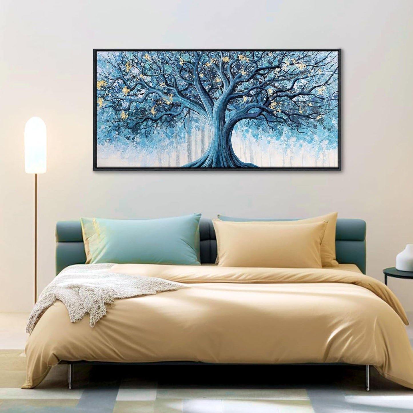 Navy Blue Canvas Wall Art - Blue and Gold Nature Wall Decor, Tree of Life for Bedroom Wall Art, Large Pictures for Living Room, Office, or Bedroom, Framed Landscape Artwork 24×48IN