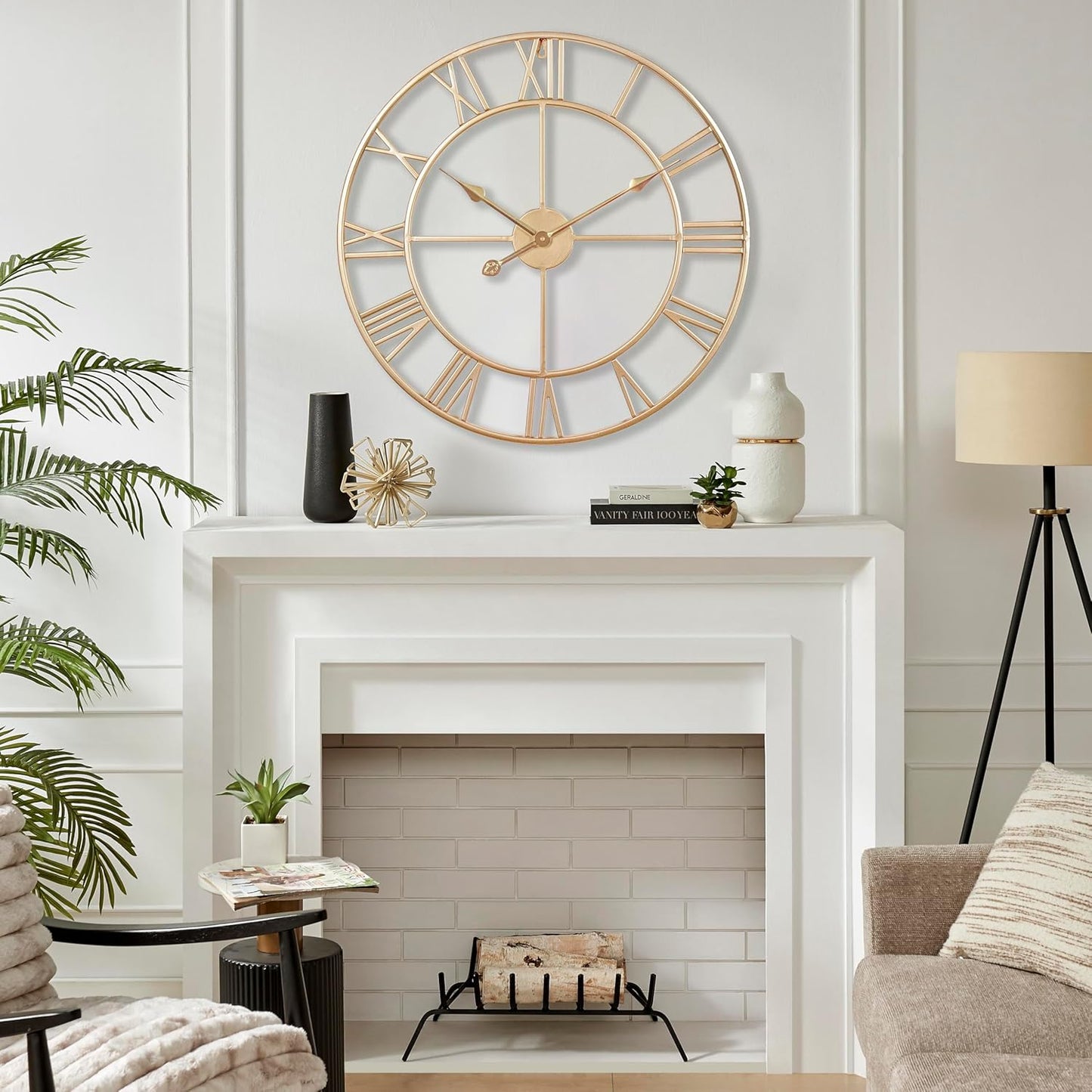 CLXEAST Champagne Gold Metal Wall Clock, Large Roman Numeral 24 Inch Wall Clocks for Living Room Decor,House Warming Gifts New Home