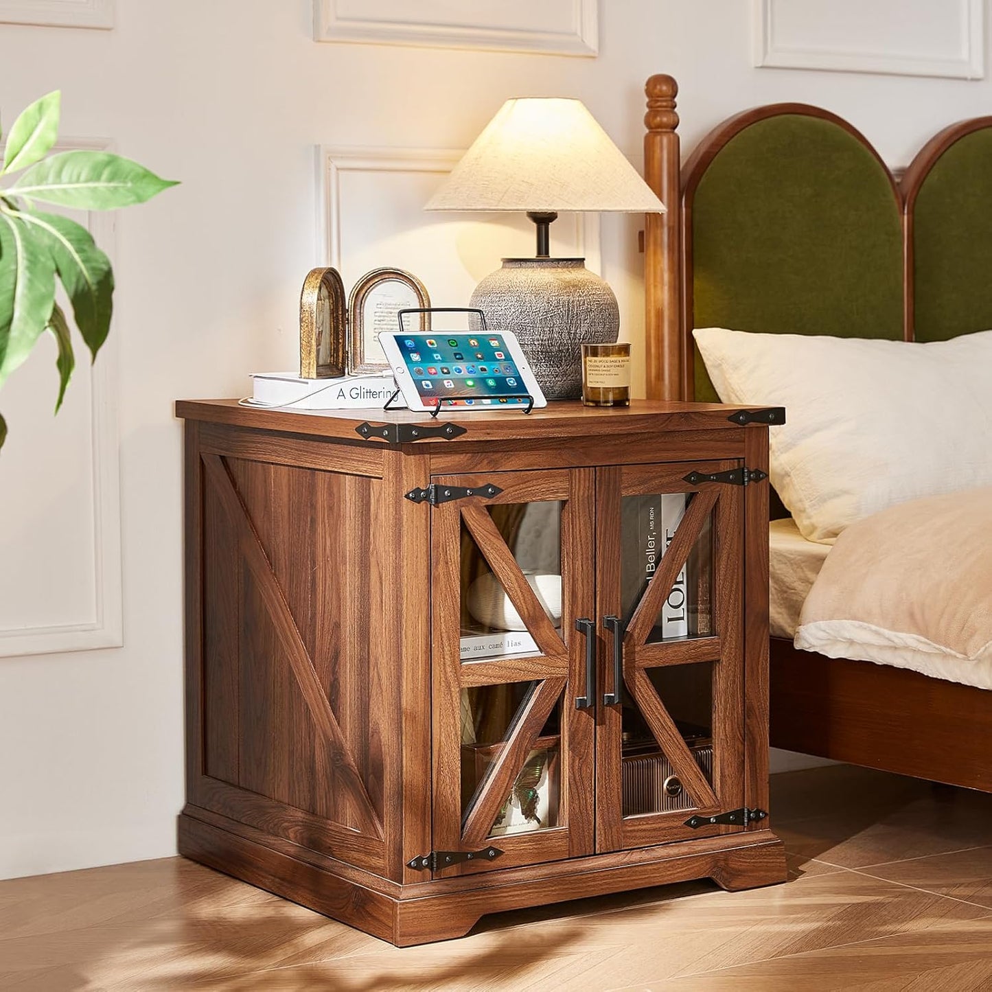 24" End Table with Charging Station, Farmhouse Night Stand with Glass Barn Door, Green Nightstands with Adjustable Storage Shelf, Large Wood Square Bed Side Table for Living Room, Bedroom