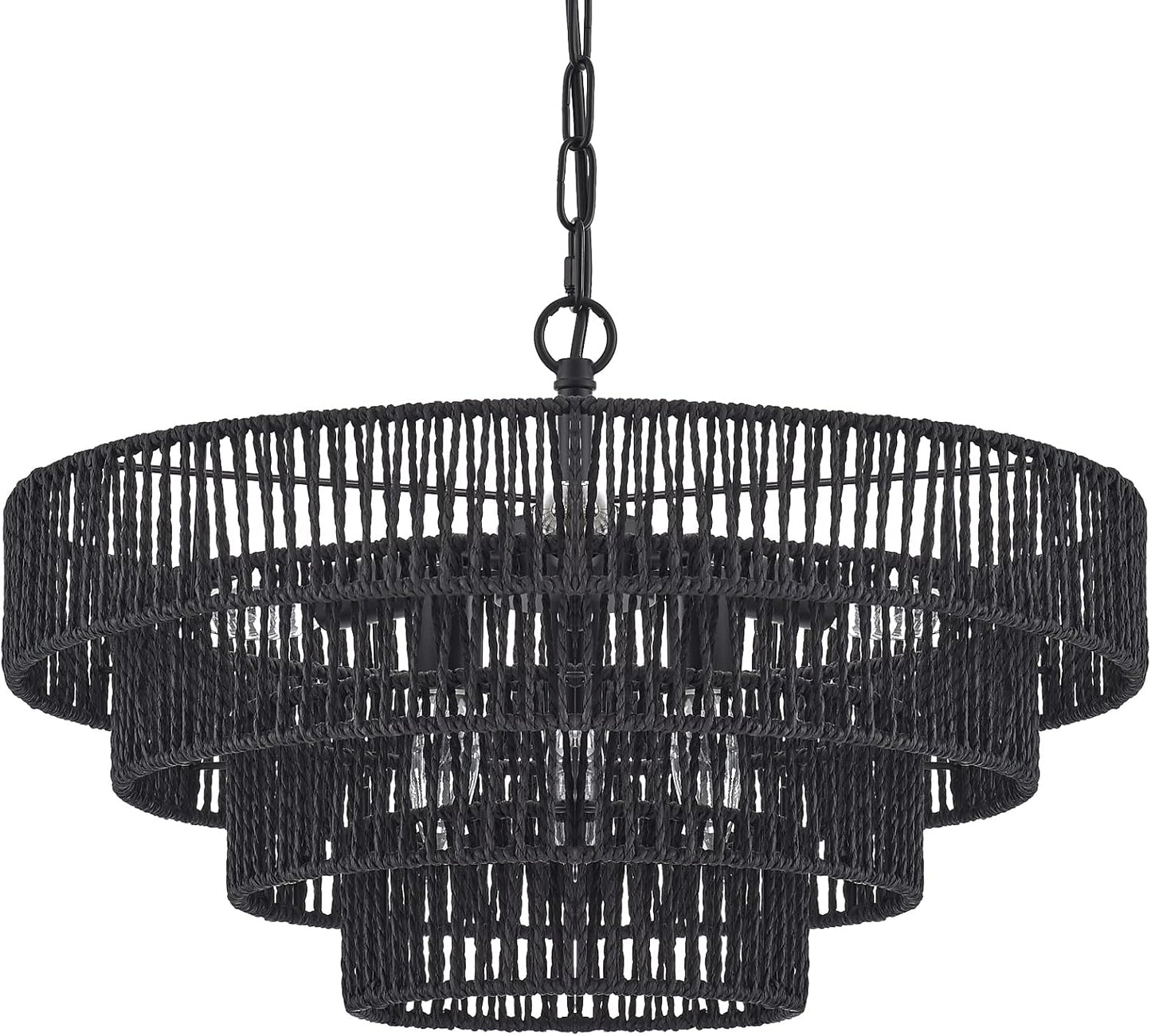 20” Hand-Woven Rattan Chandelier 6-Lights Transitional Minimalist 4 Round Boho Large Pendant Light for Kitchen Island Dining Room Living Room Hallway, Matte Black, UL Listed