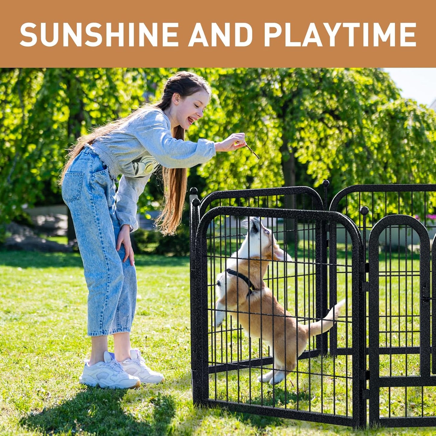 Metal Dog Playpen, 24 Inch Height 8 Panels, Ideal Dog Fence for Large/Medium/Small Dogs Indoor & Outdoor Bliss, Perfect Dog Pen for Camping, Yard, and RV | Black-Silver