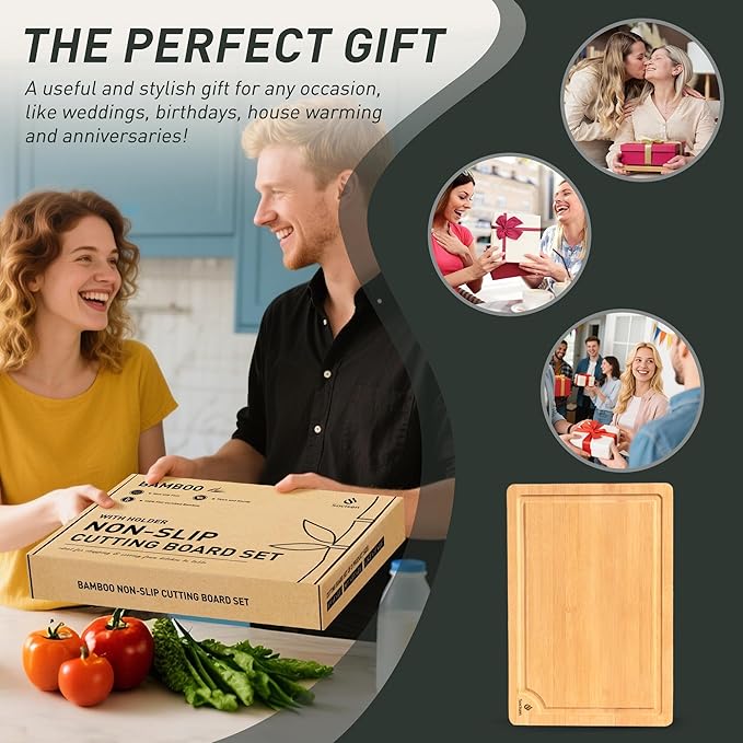 5 Packs Bamboo Cutting Board Set with Non Slip Feet Holder and Over Sink Nice Solid Thick Wood Juice Groove Chopping Board Small Big Xl XXl xlarge Oversized Kitchen Counter Organic Vegetable Meat Kit