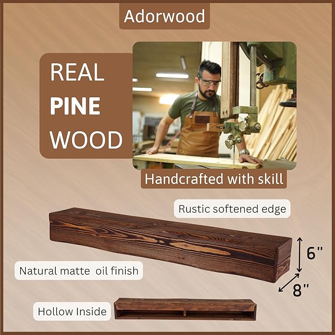 Handmade Fireplace Mantel Shelf, Extra Wide Rustic Wood Mantles for Over Fireplace, Wall Mounted Floating Mantel Shelves for Living Room Decor (Light Walnut, 72 inches)