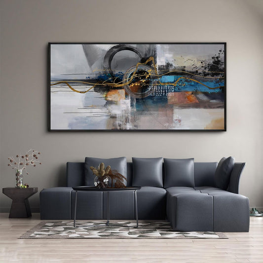 XLSJERST Large Abstract Frame Wall Art - Black and Blue Cnavas Framed Artwork for Walls Modern Minimalist Boho Gray Pictures Wall Decor for Living Room Bedroom Office Home Decoration 29x58 Inches