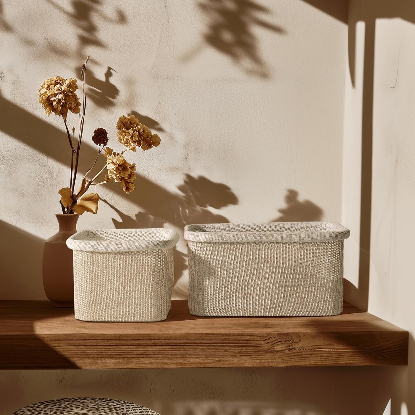 La Jolie Maison Blended Fabric Storage Baskets Set of 2, Rectangle Knitted Baskets for Organizing, Boho Decorative Baskets, Durable Finish, Oatmeal