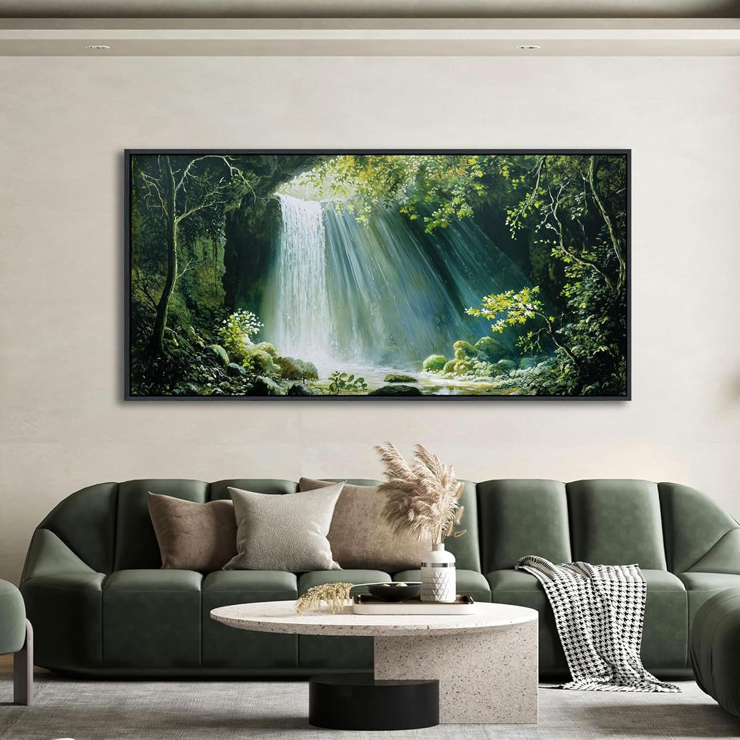 QZQCBLC Large Canvas Wall Art, Waterfall in the Sun Forest Landscape Pictures Artwork Green Valley Stone River Gallery Paintings for Living room Bedroom kitchen Home Office Decor 24x48 IN