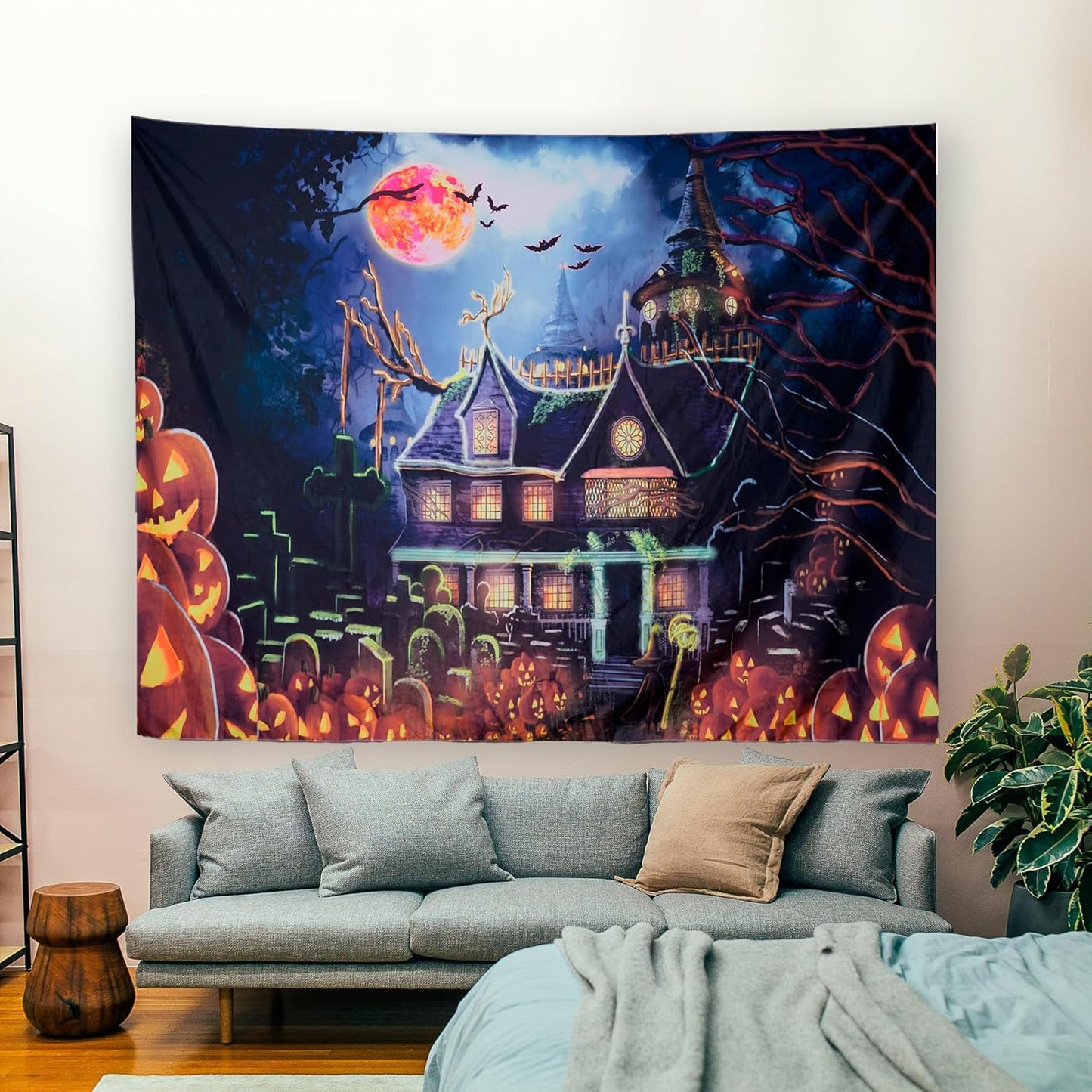 OSVINO Blacklight Halloween Castle Tapestry 59"x51" Pumpkins Bats Crosses Backdrop Bedroom Aesthetic Hippie Room Decor Glow in The Dark Wall Poster for Halloween Easter