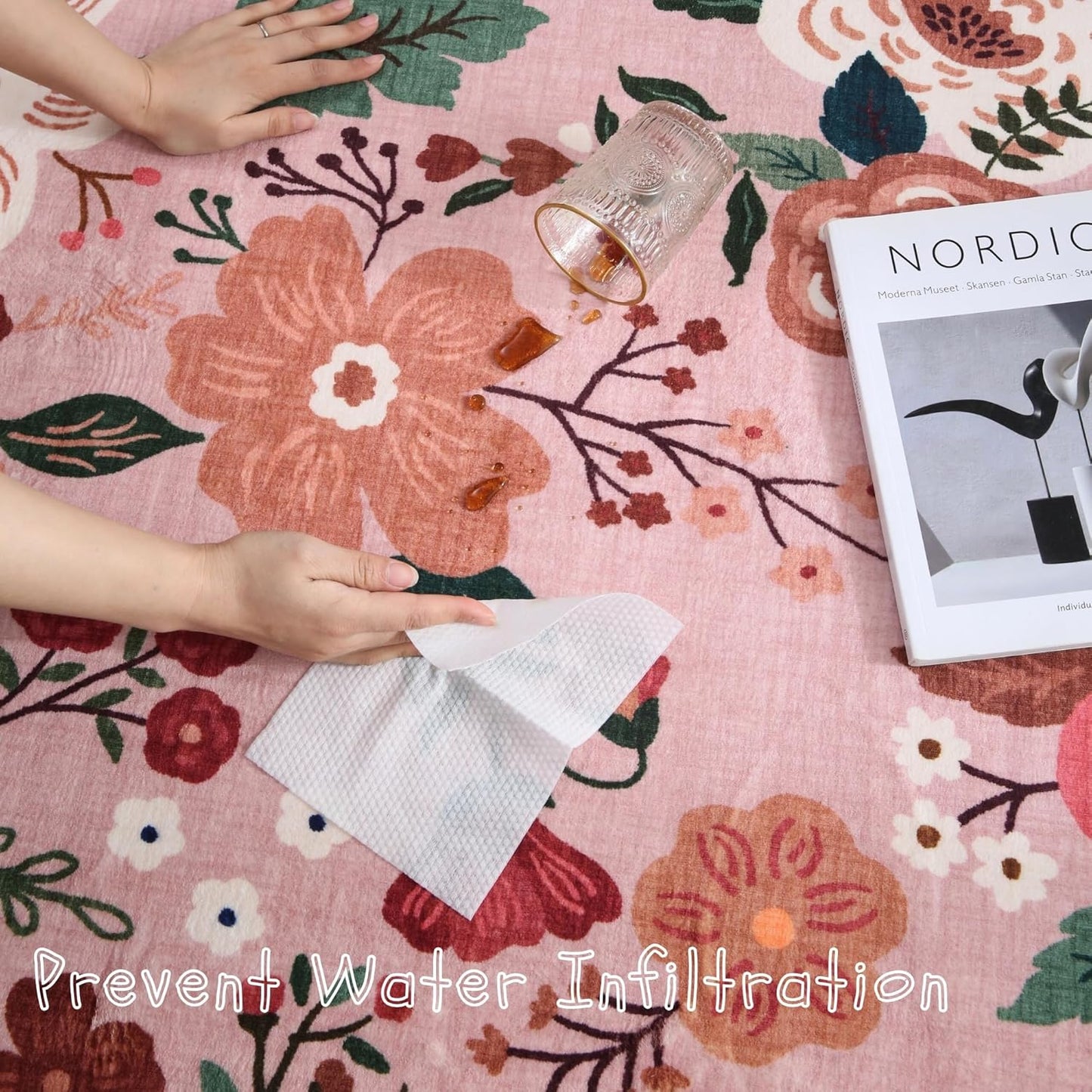 Round Rug 6ft Washable Circle Rug Non Slip Low Pile Boho Floral Small Circular Rug for Bedroom, Bathroom, Entryway, Kids Room, Office, College Dorm(Pink)