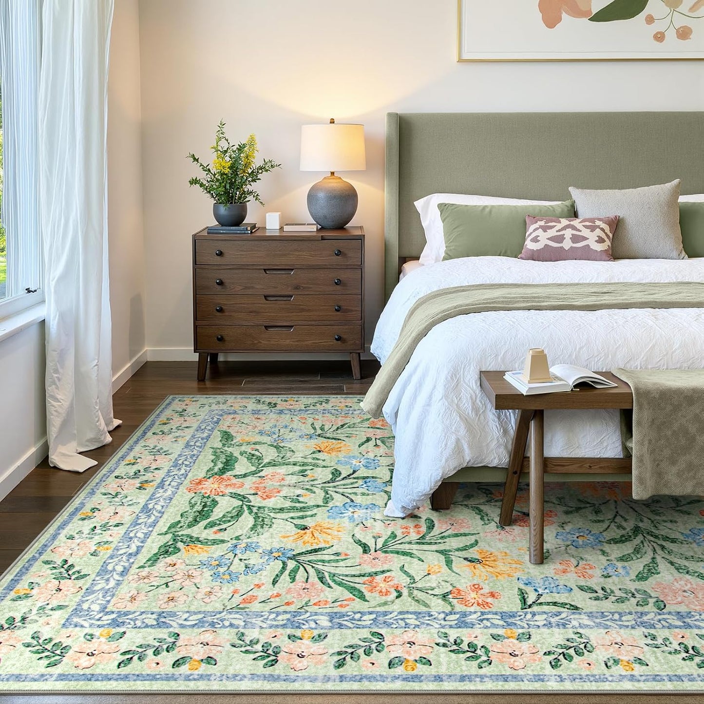 Wonnitar Machine Washable Area Rugs 9x12, Soft Sage Green Floral Rug for Living Room Bedroom, Ultra-Thin Large Foldable Boho Carpets for Playroom Classroom Dining Room