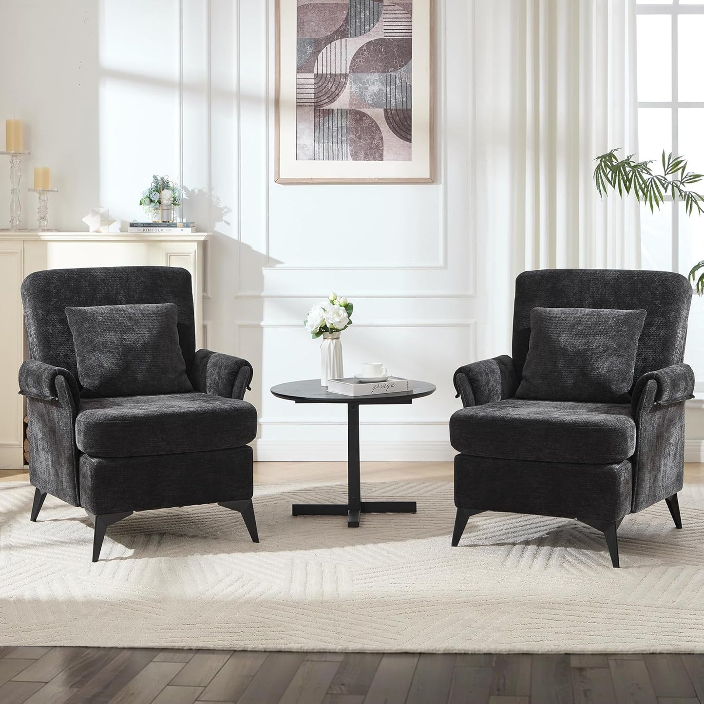 KCC Mid-Century Accent Chairs Set of 2,Chenille Modern Upholstered Single Sofa,Cozy Armchair with Back for Bedroom/Office/Cafe,Black