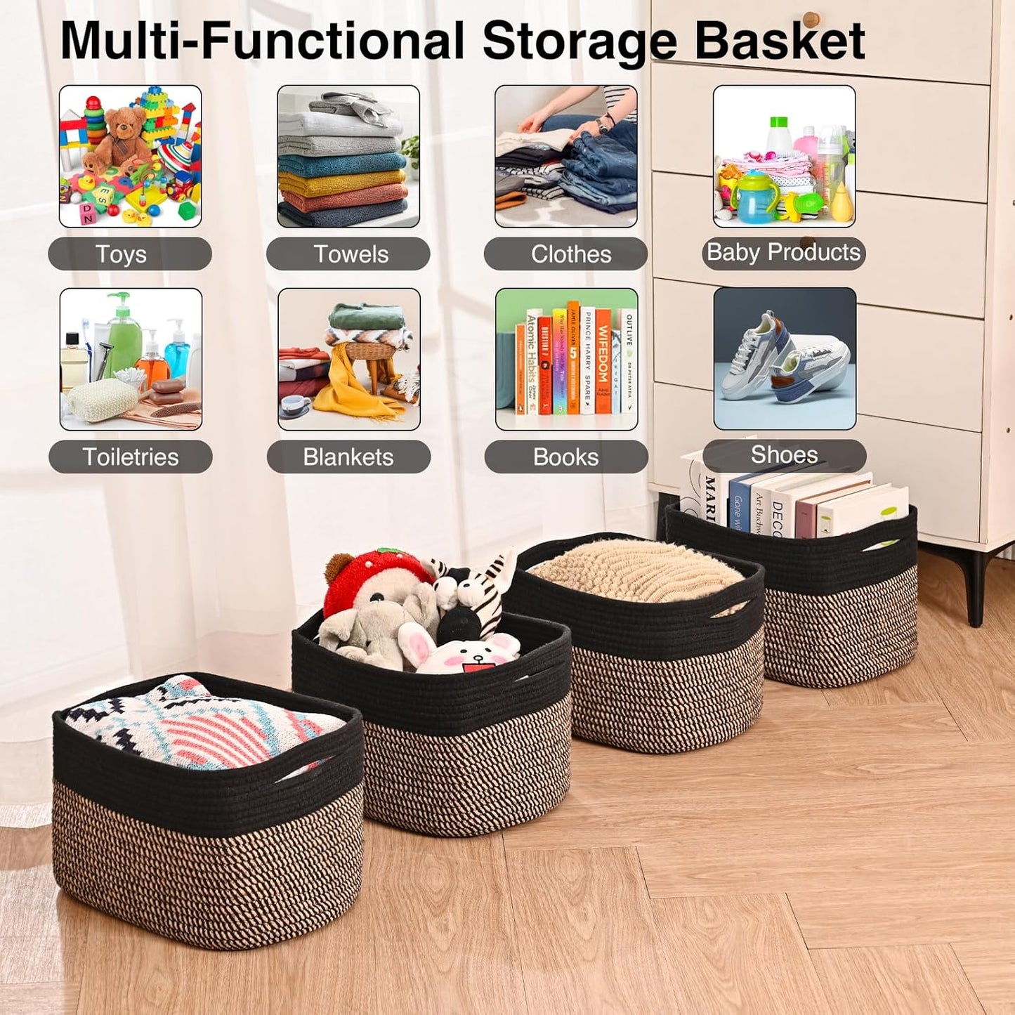 Storage Baskets for Shelves Organizing, Woven Cotton Rope Baskets for Storage, Book Basket, Decorative Shelf Basket, 12.5"Lx9.1''Wx7.9''H (4 Packs) Black & Jute