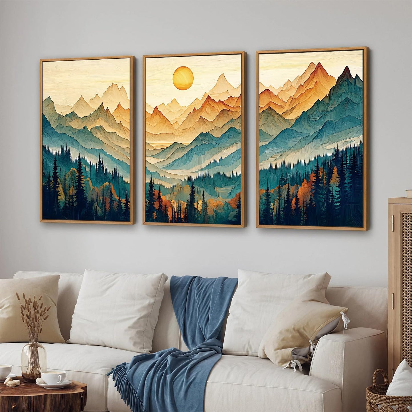 Tinonedraw Large Mountain Framed Canvas Wall Art Set of 3, Boho Nature Forest Wall Decor, Neutral Wooden Pine Trees Artwork, Sunrise Ridge Landscape Art Printing for Living Room Bedroom Office 16"x24"
