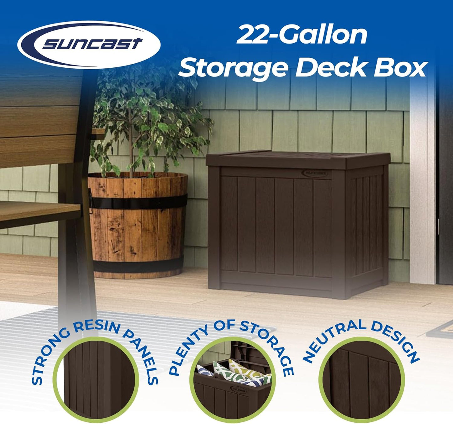 Suncast 17 x 22 Inch Resin 22-Gallon Patio Storage Deck Box, Java Brown (2 Pack)