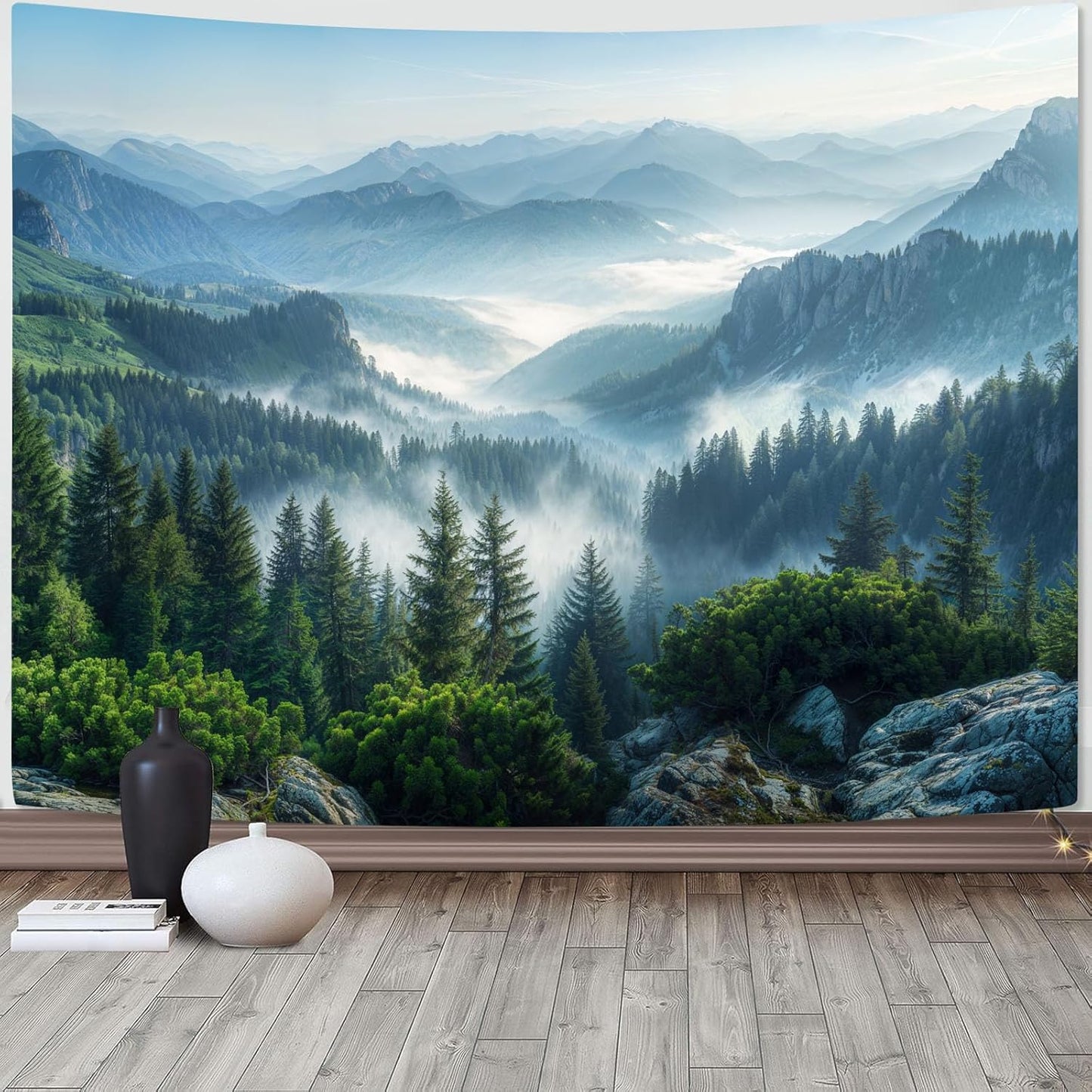 AMM Nature Forest Mountain Tapestry Green Misty Pine Tree Tapestry for Bedroom Aesthetic Foggy Woodlands Sky Landscape Tapestries Wall Hanging for Living Room Dorm 80 x 60 Inch