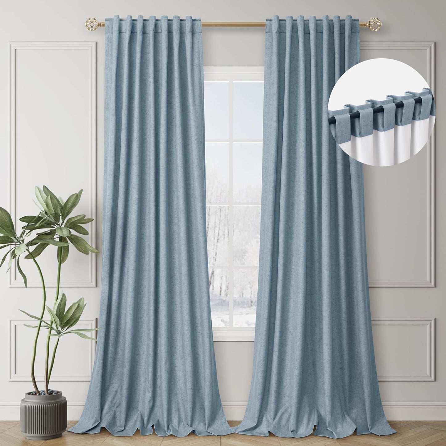BOODII Blue Black Out Curtains 84 Inch Long for Bedroom Window Room Darkening Full Light Blocking Curtains Back Tab Neutral Elegant Nursery Baby Blackout Curtain Thermal Insulated Linen Drapes 52x84