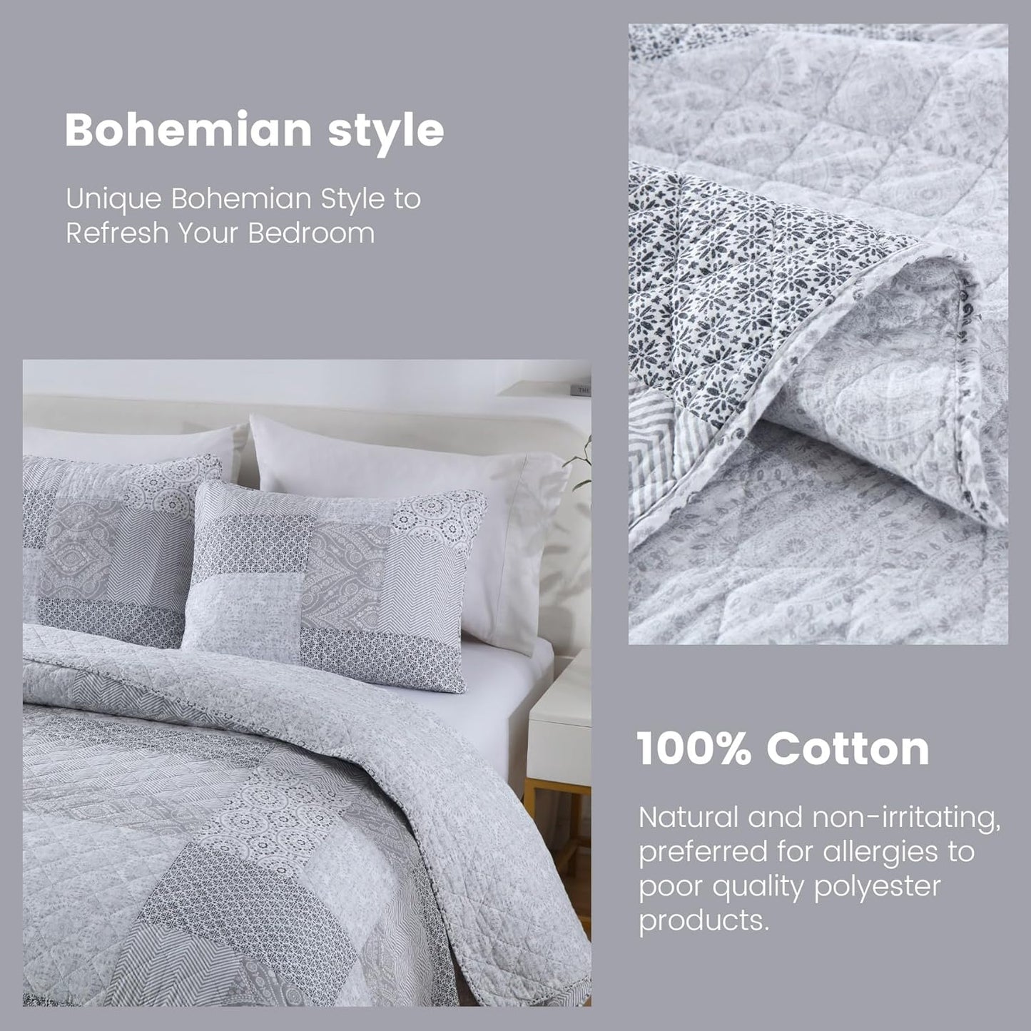 Secgo Queen Comforter Set for Bed - 100% Cotton Quilts Queen Size, Black Bedspreads (90 * 98 Inch) with 2 Pillow Shams, Patchwork Reversible Lightweight Bedding