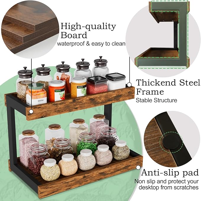 MARTY 2 Tier Spice Rack Organizer for Countertop, 15.8''L Coffee Station/Bathroom Organizer Countertop, Counter Shelf Desktop Storage Organizer for Kitchen, Bedroom, Office (Rustic Brown)
