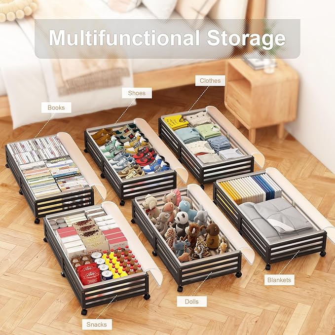 Under Bed Storage Containers With Wheels - 2 Pcs Large Bamboo Wood Rolling Underbed Shoe Storage Bins With Dust Bags for Clothes Blankets, Duvet Covers Snacks Toys (Black)