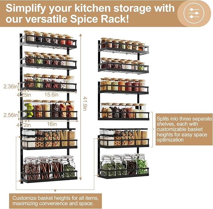X-cosrack 6-Tier Wall-Mounted Spice Rack Organizer with Mixed Basket Sizes, Height-Adjustable Hanging Spice Shelf for Kitchen Pantry Cabinet, Large-Capacity Seasoning Holder, Black