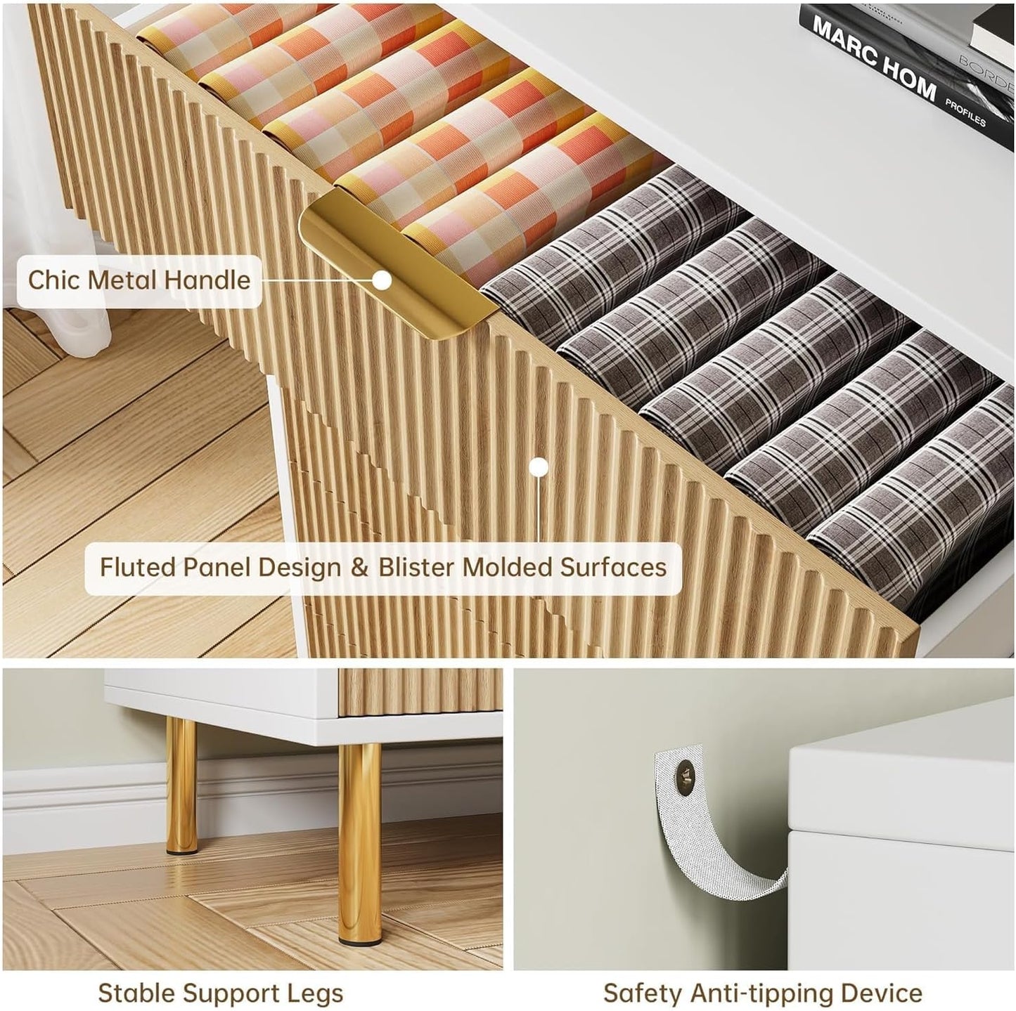 GAOMON 3 Drawer Dresser, Wood Chest of Drawers Organizer Storage with Gold Handle, Small Storage Cabinet, Modern Design Dresser for Bedroom, Living Room, Closet, Hallway, Entryway, Natural