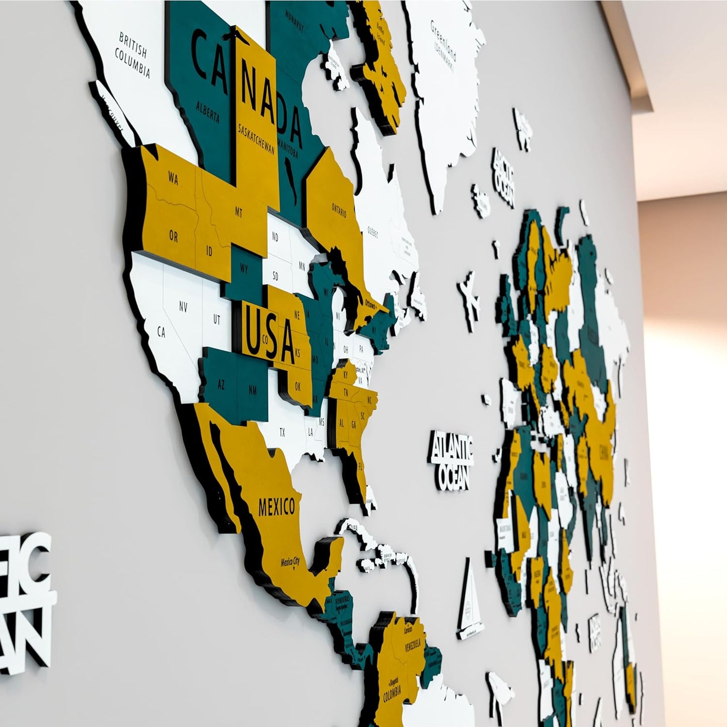 Colorfull Worlds 3D Wooden World Map Wall Art | Unique Wall Decor with Pins for Travel Enthusiasts | Home and Office Wall Décor | Gold-Blue | XLarge