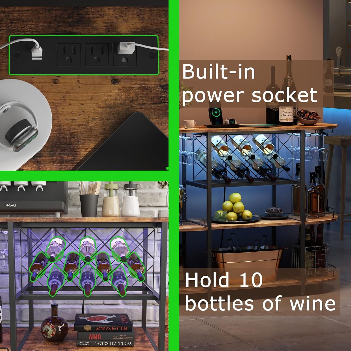 Wine Cabinet Bar Cart Table with Power Socket and LED Light, Three Tiers Coffee Bar Table Wine Rack Liqour Bar with Large Storage for Home Kitchen (Retro Brown)