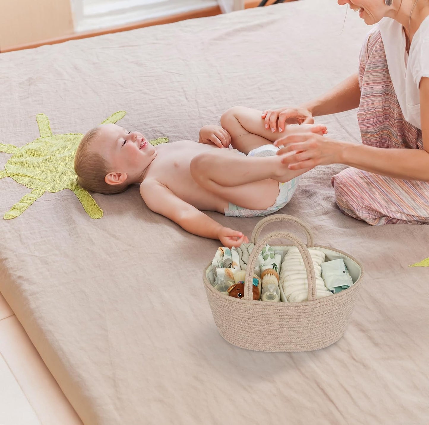 Diaper Caddy Organizer Cotton Rope Baby Basket Nursery Storage and Portable Tote Bag for Car Ideal Baby Shower Gifts and Registry Must-Have for Newborn Essentials Large konjak