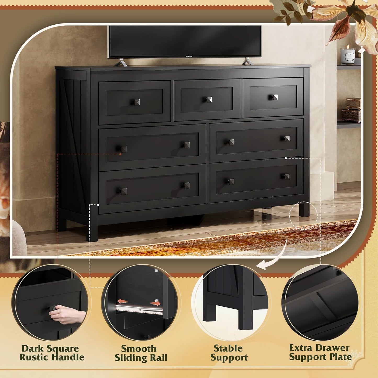 WLIVE Farmhouse Dresser for Bedroom, 51.18'' Wide 7 Drawer Wood Dresser, Black TV Stand for 65 inch TV, Wooden Chest of Drawers for Bedroom, Modern Clothes Organizer for Living Room, Hallway