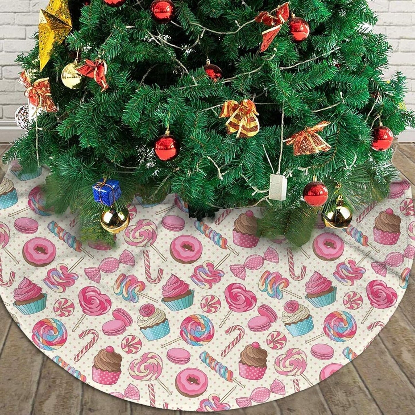Christmas Tree Skirt,Sweet Lollipop Candy Macaroon Cupcake Donut Xmas Tree Skirt Rustic Farmhouse Tree Skirt for Christmas Decor Xmas Holiday Home Party Decorations30