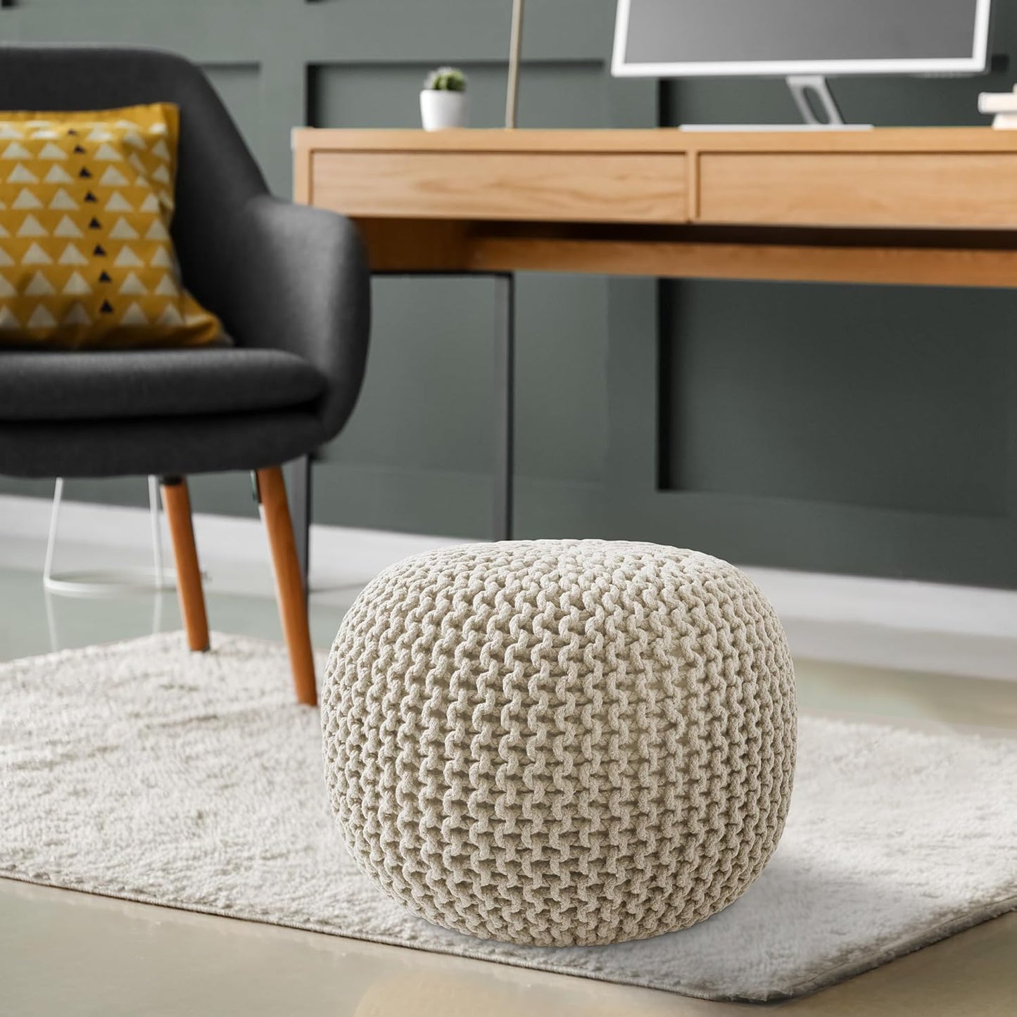Casafield Round Pouf Ottoman, Natural - 20" Diameter x 14.5" High Cotton Knit Foot Stool - Boho Floor Pouffe for Living Room, Bedroom, Home Office