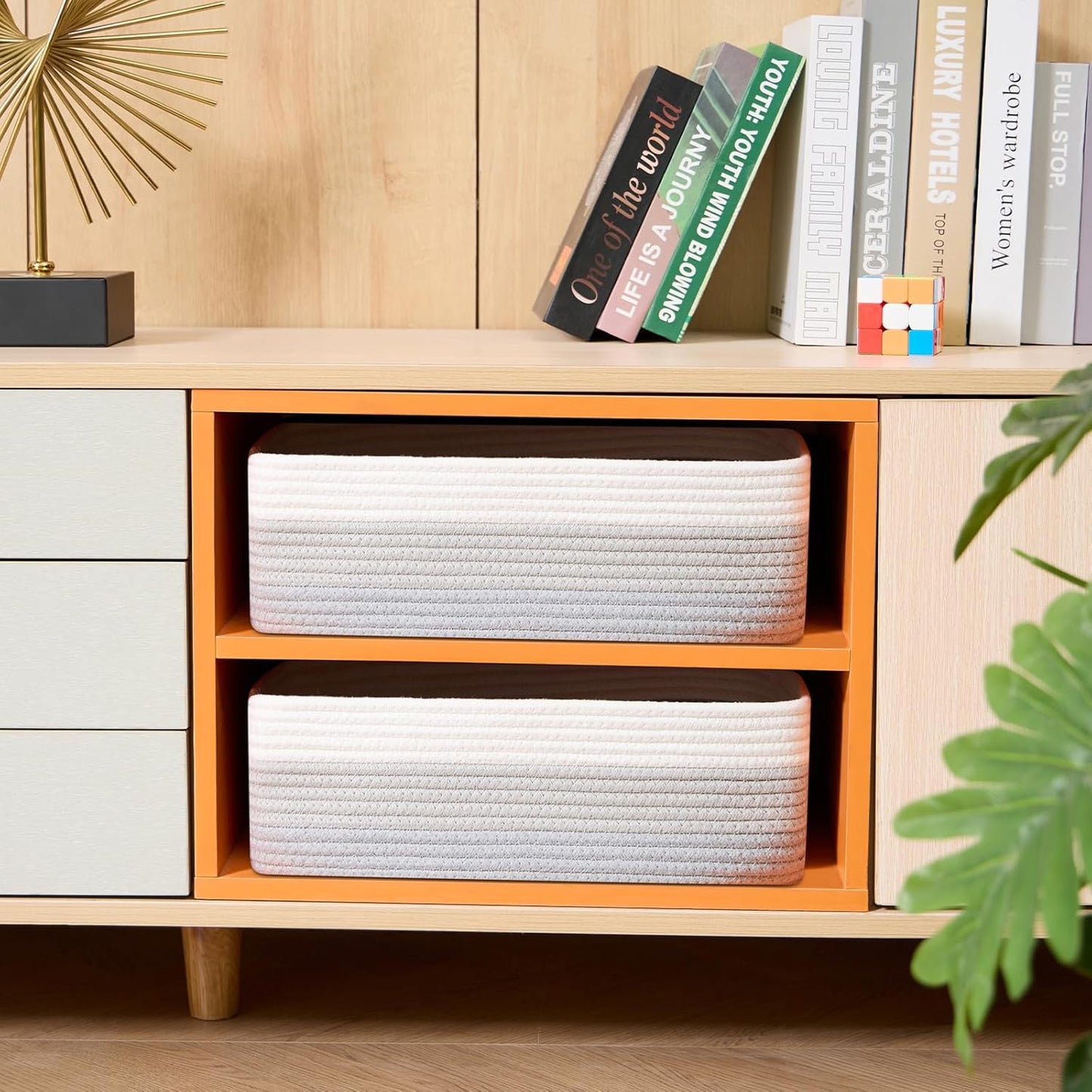 Large Shallow Organizing Baskets 15x11x5.1 Inches - Rope Woven Storage Bins for Bathroom, Shelves, Cube Closet, Gradient Grey 2 Packs