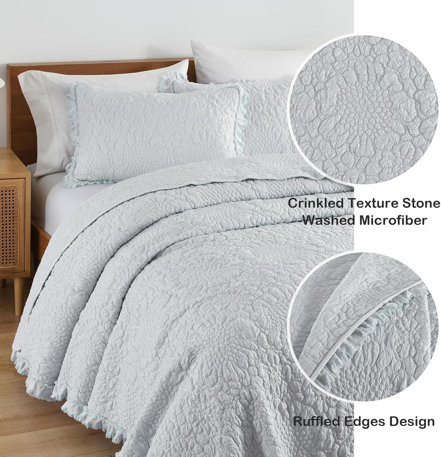 Light Blue Ruffled Quilt Queen Size, Stone-Washed Microfiber Lightweight Crinkled Farmhouse Rustic Shabby Chic Bedding Set, 3 Pieces Reversible Bedspread Coverlet with Pillow Shams for All Season